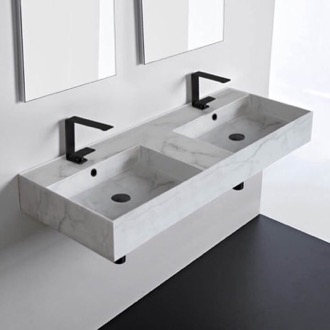 Bathroom Sink Marble Design Ceramic Wall Mounted or Vessel Double Sink With Counter Space Scarabeo 5143-F